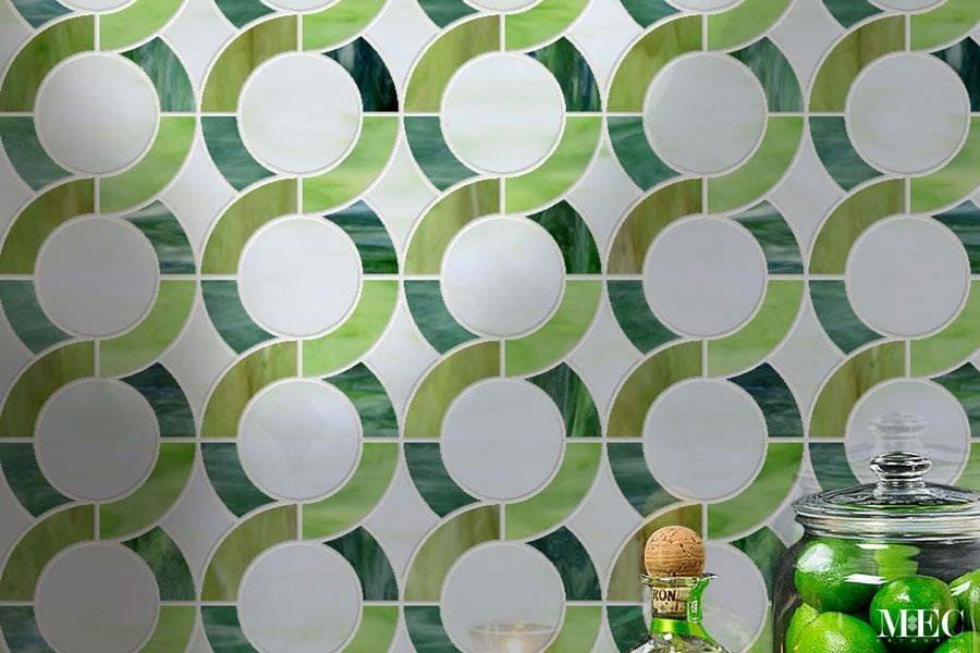 Elica. Product image showing Jade Glass waterjet cut tiles from Lavande collection. Custom tile design from MEC.