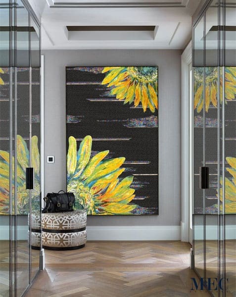 Sunflower Mural with Dark Background designed in glass mosaic by MEC.