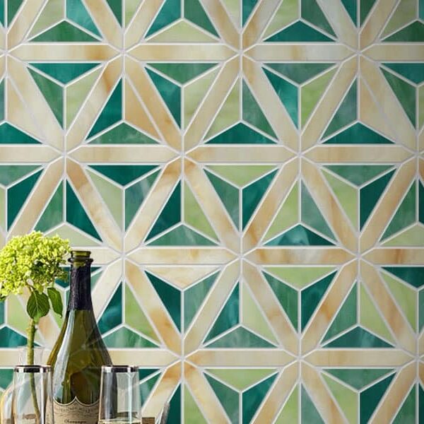 Glorious Trisect. Product image showing Jade Glass waterjet cut tiles from Lavande collection. Custom triangle tile design from MEC.