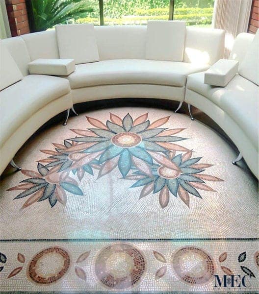 Custom Mosaics by MEC | Marble mosaic floor art with circles and simple overlapping petals in two core colors
