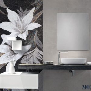 Elegant mosaic pattern in glistening black, white and grey glass tiles by MEC.