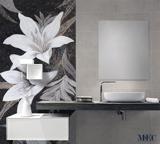 Elegant mosaic pattern in glistening black, white and grey glass tiles by MEC.