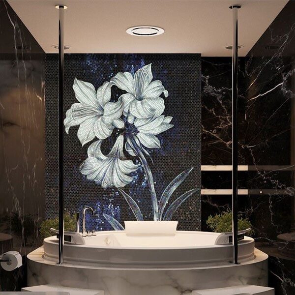 Custom Mosaics MEC | Grey & Black lily flower bathroom mosaic.