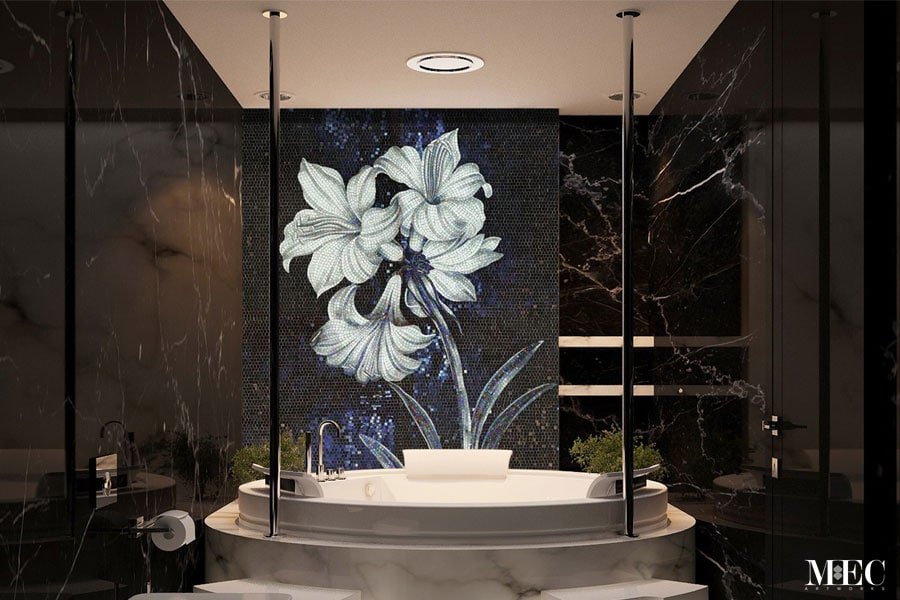 Custom Mosaics MEC | Grey & Black lily flower bathroom mosaic.