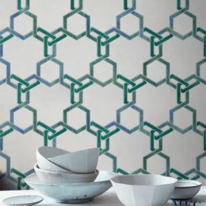 METRIKO. Product image showing Jade Glass waterjet cut tiles from Lavande collection. Custom geometric tile design from MEC.