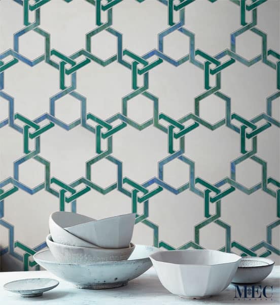 METRIKO. Product image showing Jade Glass waterjet cut tiles from Lavande collection. Custom geometric tile design from MEC.