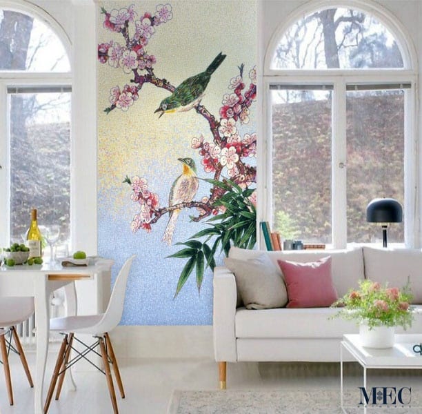 Custom Mosaics MEC featuring two mosaic birds on a tree.