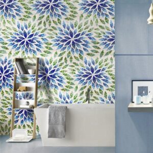 Custom Mosaics by MEC | Arrangement of leaves and petals featuring fading effect in blue and green glass mosaic.