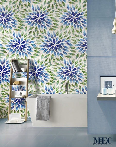 Custom Mosaics by MEC | Arrangement of leaves and petals featuring fading effect in blue and green glass mosaic.