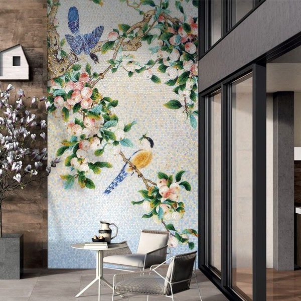 birds mosaic wall art by MEC showcasing two birds and fruit tree branches