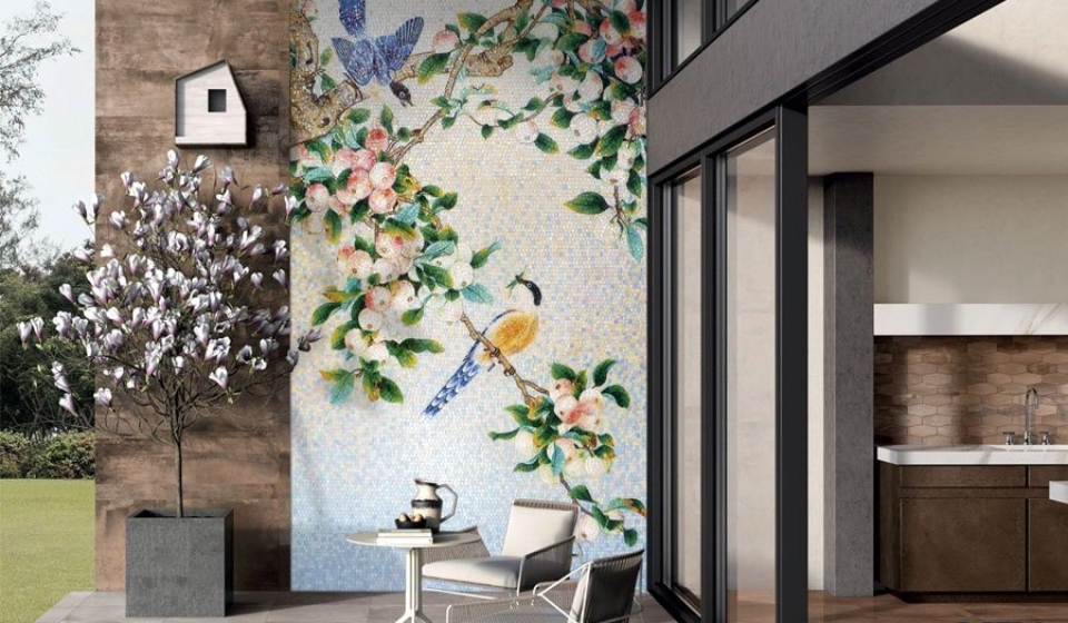 birds mosaic wall art by MEC showcasing two birds and fruit tree branches