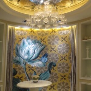Custom Mosaics MEC | Glass mosaic mural tulip flower and blue butterfly.