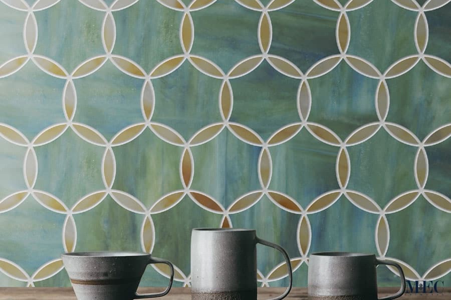 VENN IN ROME. Product image showing Jade Glass waterjet cut tiles from Lavande collection. Custom intersecting overlap circle tile design from MEC.