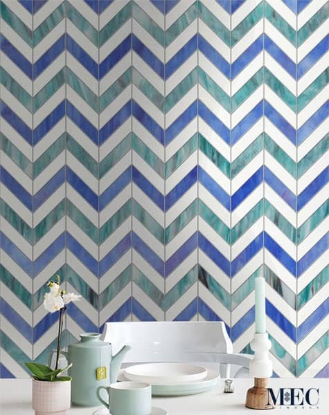 ZICKZACK Zig-zag chevron Jade glass mosaic. Simple yet elegant repeating geometrical waterjet glass mosaic pattern.