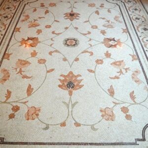 Custom Mosaics by MEC | Marble mosaic rectangular rug with elegant browns on a soothing cream background.