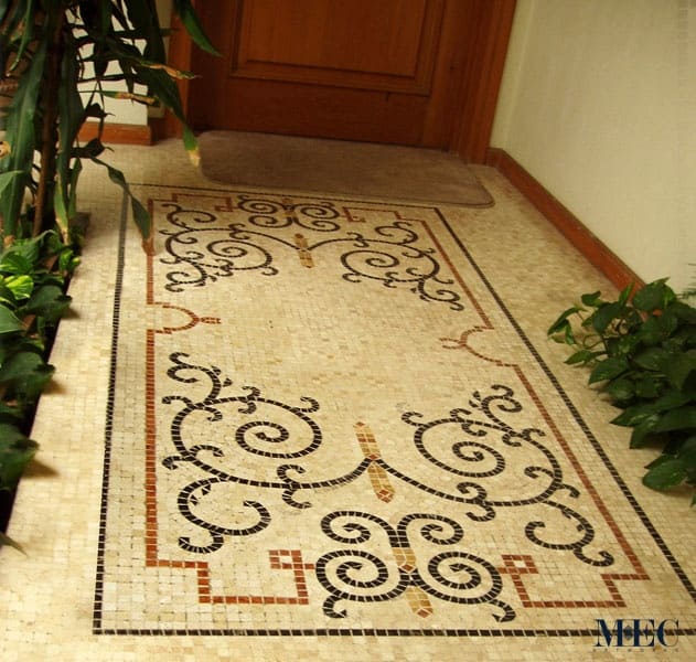 Custom Mosaics by MEC | Clear, uncluttered Roman-themed lines and scrolls intricately handcrafted with mosaic.