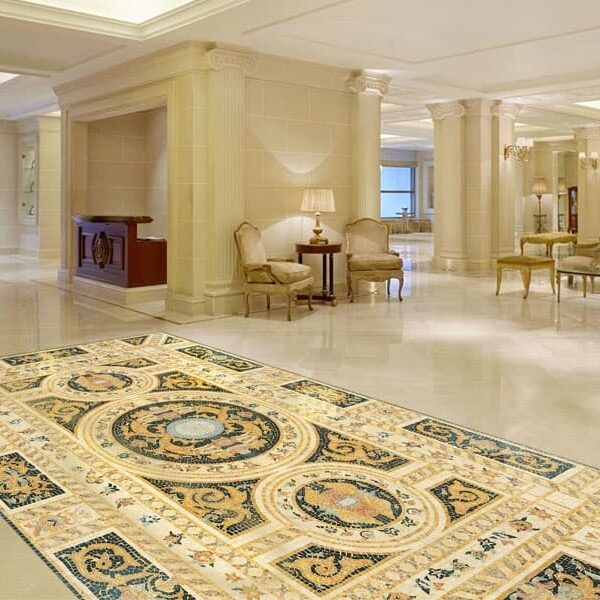 Custom Mosaics by MEC | Rich intricate Marble Mosaic floor rug with gold & Yellow combo.