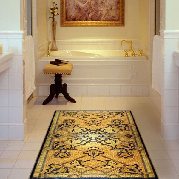 Custom Mosaics by MEC | Yellow & Gold Marble Mosaic bathroom floor pattern.