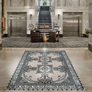 Custom Mosaics by MEC | Dichromatic rug sophisticated designs in black. and delicately elegant scrolls.