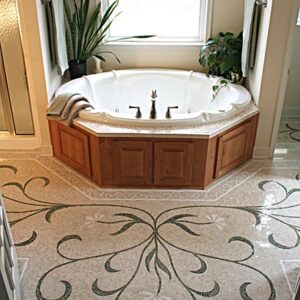 Custom Mosaics by MEC | Elegant flower and vine scroll marble mosaic handcrafted marvel bathroom floor.