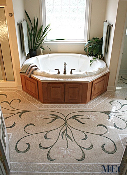 Custom Mosaics by MEC | Elegant flower and vine scroll marble mosaic handcrafted marvel bathroom floor.