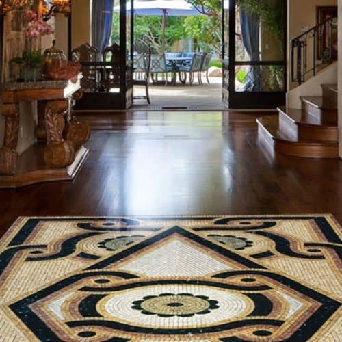 Custom Mosaics by MEC | Marble mosaic rug in tones of browns & beige marble stone indoor.
