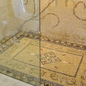 Custom Mosaics by MEC | Marble mosaic rug customized for bathroom floor.