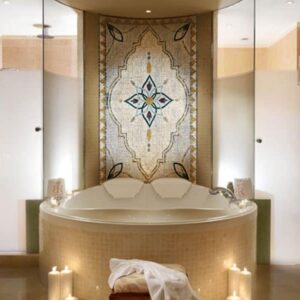 Custom Mosaics by MEC | Luxury marble mosaic rug installed in bathroom