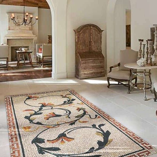 Custom Mosaics by MEC | Trailing vines in nature oriented hues sprawled on a beige floral marble mosaic