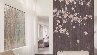 Glass tile mural featuring a Sakura cherry blossom tree in calming and soft color theme. The is just a elegant floral part only covers a part of the mural, leaving the rest of the canvas for a grey simple abstract background and falling petals.