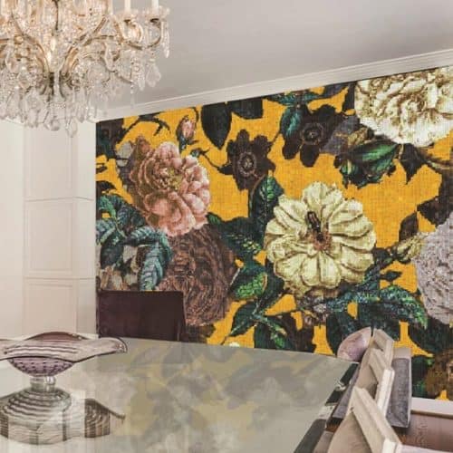 Custom Mosaics MEC | Glass mosaic mural featuring a rich mustard yellow background and floral elements