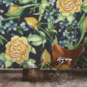 Custom Mosaics MEC | Mosaic art features an array of yellow roses and light blue blossoms.