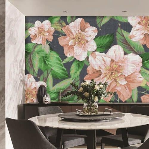 Peach colored flowers and foliage against a dark background mosaic wall art by MEC.