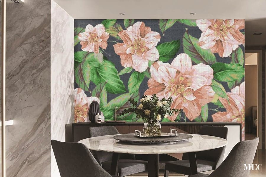 Peach colored flowers and foliage against a dark background mosaic wall art by MEC.