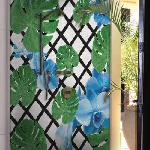 Palm leaves and blue flowers mosaic wall art by MEC.
