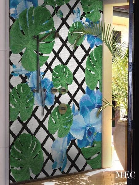 Palm leaves and blue flowers mosaic wall art by MEC.