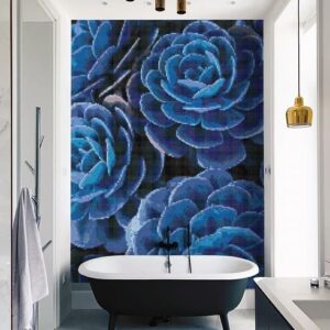 Blue flowers glass mosaic mural by MEC.