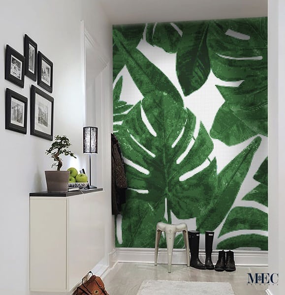 Custom Mosaics MEC | Botanical mural featuring realistic forest leaves.