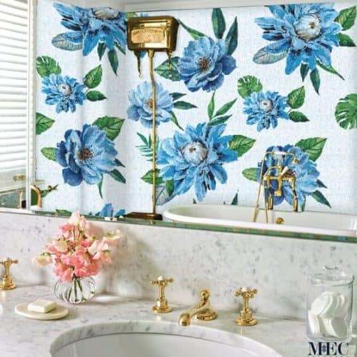 Blue flowers mural made with glass mosaic tiles by MEC.