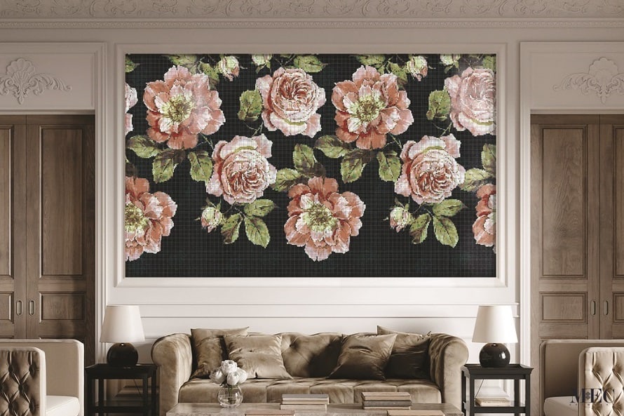 Product image. Flevo. An elegant glass mosaic mural featuring pink rose flowers in tone saturated colors over a dark black background with subtle leaf pattern.