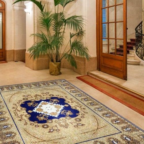 Custom Mosaics by MEC | Premium quality marble delightful mosaic floor design with blue mosaics in centre.