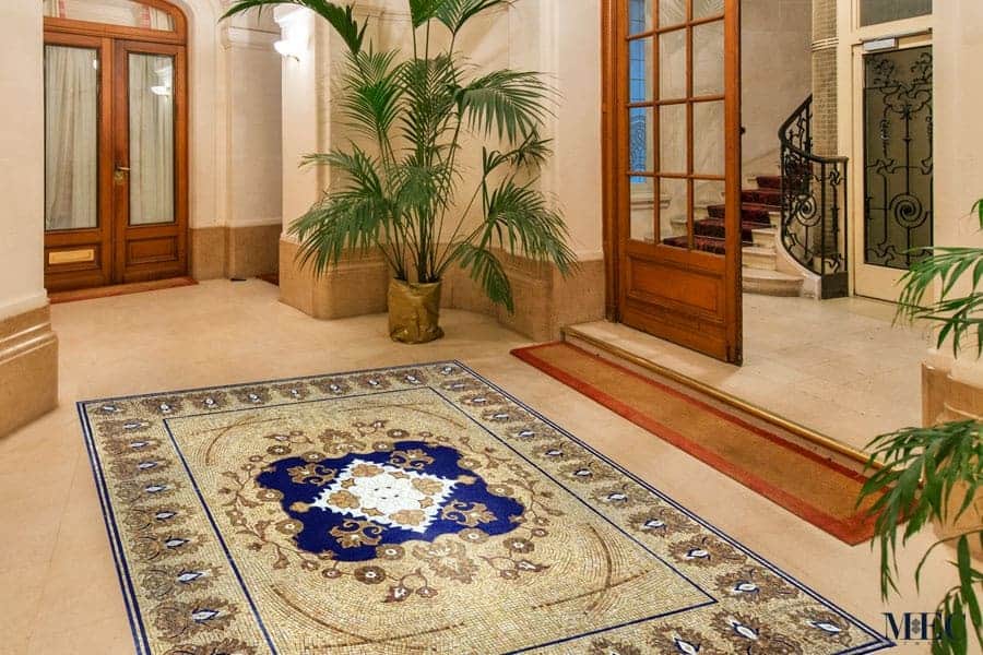Custom Mosaics by MEC | Premium quality marble delightful mosaic floor design with blue mosaics in centre.