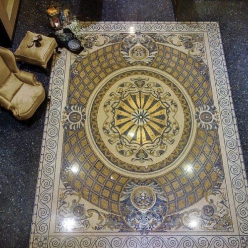 Custom Mosaics by MEC | Transitional decor with its golden hand cut Spanish marble and European themed elements inspired from the late 18th century style.