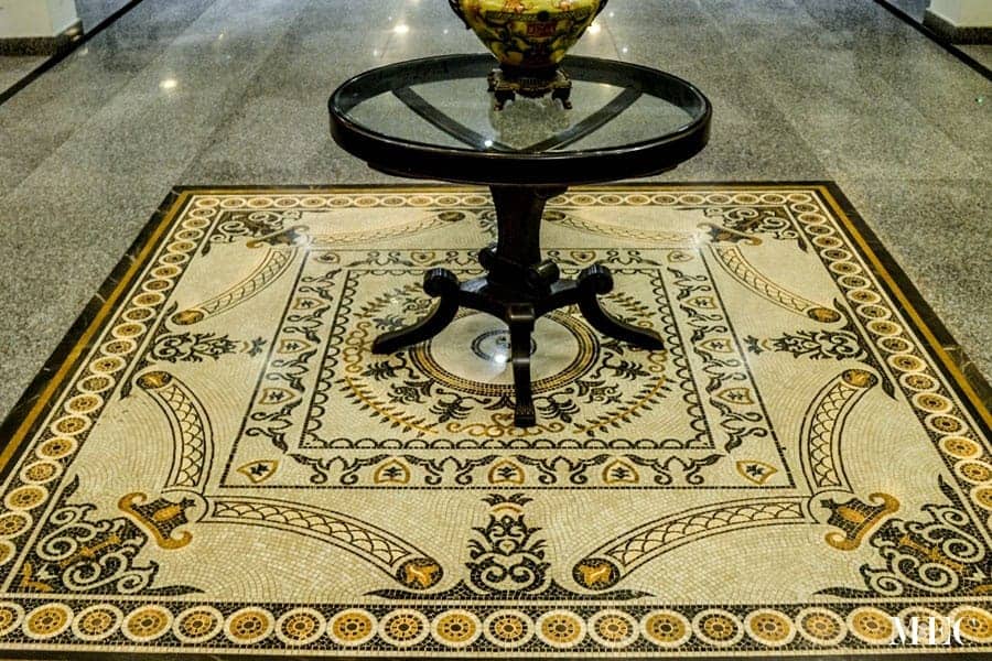 Custom Mosaics by MEC | Beautiful unique marble mosaic floor motif features rich European elements