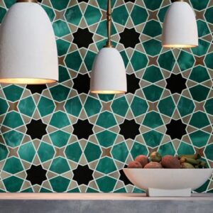 RIAD. Product image showing Jade Glass waterjet cut tiles from Marrakesh collection. Custom geometric Arabesque Moroccan tile design from MEC.