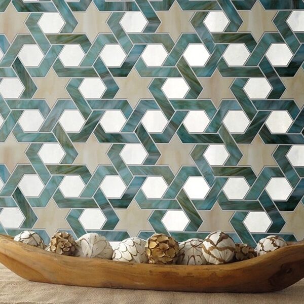 SAFAA. Product image showing Jade Glass waterjet cut tiles from Marrakesh collection. Custom geometric Arabesque Moroccan tile design from MEC.