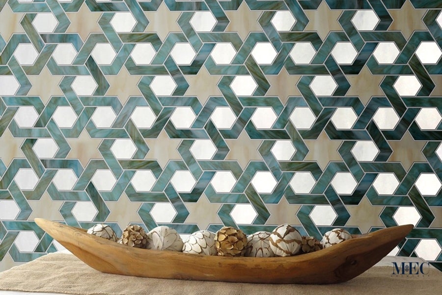 SAFAA. Product image showing Jade Glass waterjet cut tiles from Marrakesh collection. Custom geometric Arabesque Moroccan tile design from MEC.