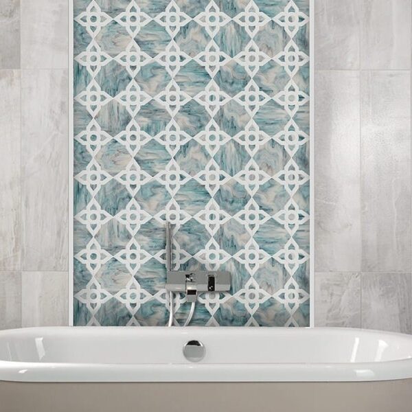 CHEBA. Product image showing Jade Glass waterjet cut tiles from Marrakesh collection. Custom TRELLIS Arabesque Moroccan tile design from MEC.