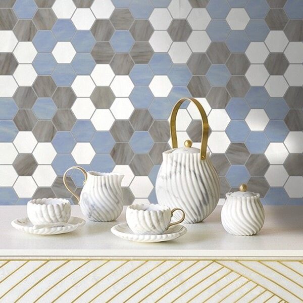IMANE. Product image showing Jade Glass waterjet cut tiles from Marrakesh collection. Custom geometric hexagonal tile design from MEC.