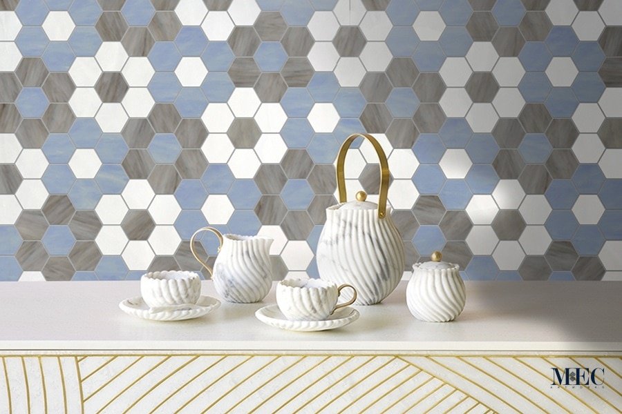 IMANE. Product image showing Jade Glass waterjet cut tiles from Marrakesh collection. Custom geometric hexagonal tile design from MEC.
